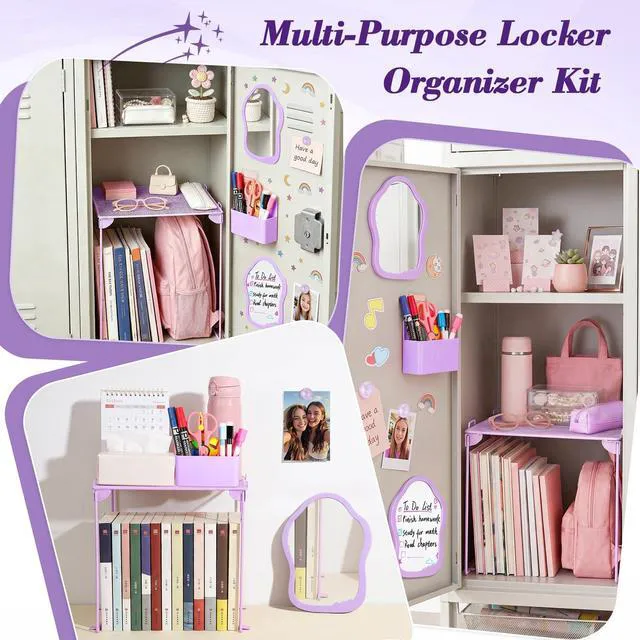 Alt view image 7 of 7 - Purple Locker Accessories Kit for Girls, Locker Organizer Kit with Locker shelf, Magnetic Mirror and Whiteboard, Pen holder, Magnets, Back to School Locker Essentials Decorations Kit