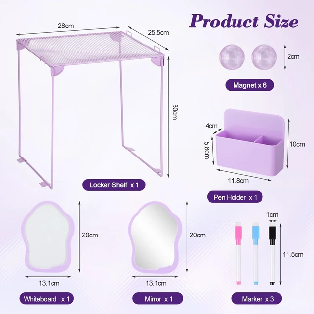 Alt view image 2 of 7 - Purple Locker Accessories Kit for Girls, Locker Organizer Kit with Locker shelf, Magnetic Mirror and Whiteboard, Pen holder, Magnets, Back to School Locker Essentials Decorations Kit