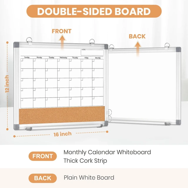 Alt view image 2 of 7 - Small Dry Erase Calendar Whiteboard for Wall, 16" x 12" Month White Board Double-Sided Magnetic, Calendar Cork Whiteboard Combo, Aluminium Frame, Bulletin Portable Board, Home Office School Dorm