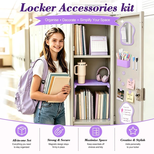 Alt view image 6 of 7 - Purple Locker Accessories Kit for Girls, Locker Organizer Kit with Locker shelf, Magnetic Mirror and Whiteboard, Pen holder, Magnets, Back to School Locker Essentials Decorations Kit