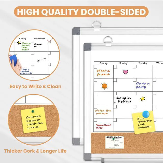 Alt view image 4 of 7 - Small Dry Erase Calendar Whiteboard for Wall, 16" x 12" Month White Board Double-Sided Magnetic, Calendar Cork Whiteboard Combo, Aluminium Frame, Bulletin Portable Board, Home Office School Dorm