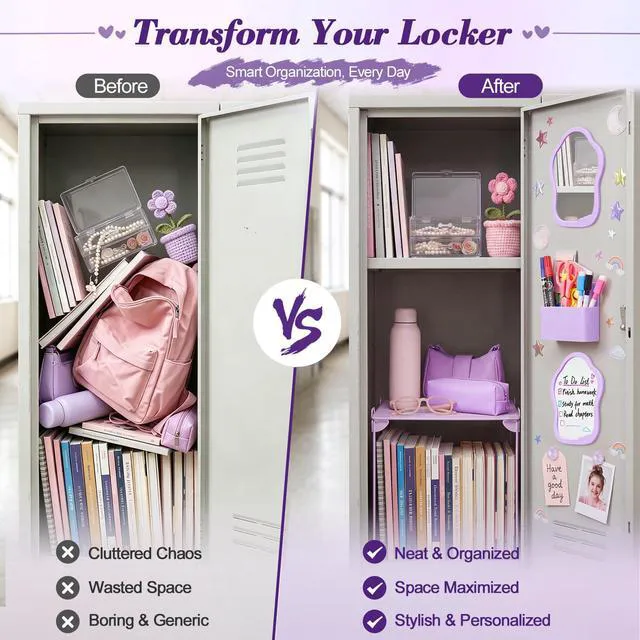 Alt view image 5 of 7 - Purple Locker Accessories Kit for Girls, Locker Organizer Kit with Locker shelf, Magnetic Mirror and Whiteboard, Pen holder, Magnets, Back to School Locker Essentials Decorations Kit