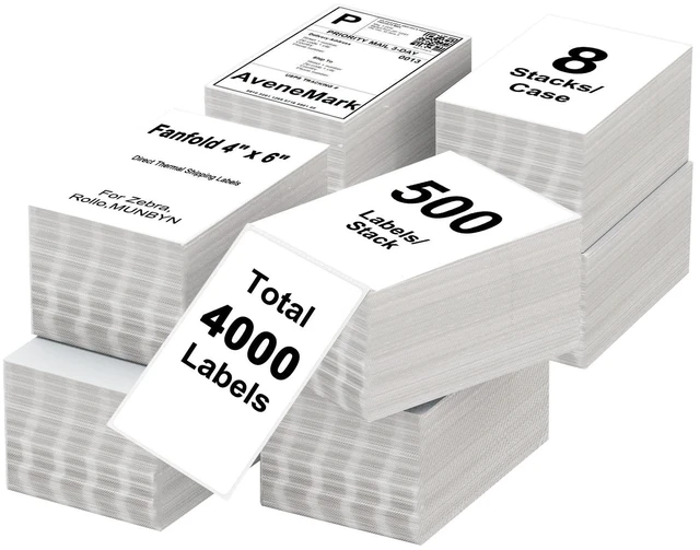 Main image of 8 Stacks 4000 Labels 4" x 6" Fanfold Direct Thermal Labels, Postage Shipping Labels Paper with Perforated, Strong Adhesive Label for Zebra, Rollo, MUNBYN Thermal Printer,500 Labels per Stack