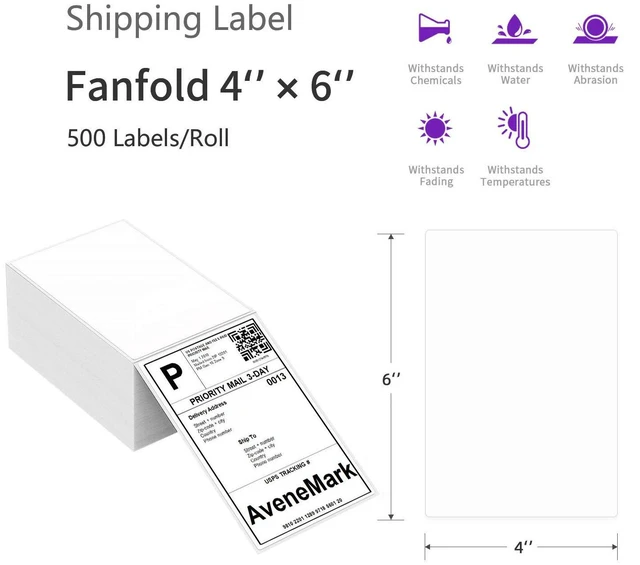 Alt view image 2 of 7 - 8 Stacks 4000 Labels 4" x 6" Fanfold Direct Thermal Labels, Postage Shipping Labels Paper with Perforated, Strong Adhesive Label for Zebra, Rollo, MUNBYN Thermal Printer,500 Labels per Stack