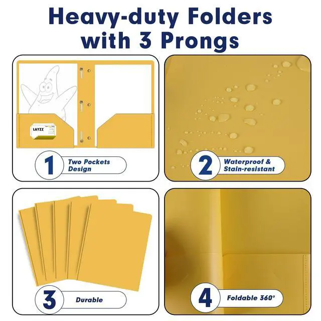 Alt view image 5 of 7 - 30 Pack Plastic 2 Pocket Folders with Prongs Letter Size Yellow Color Functional Folder Design With Metal Fastener Prongs, Keeps Documents Organized For School, Home And Workplace Filing