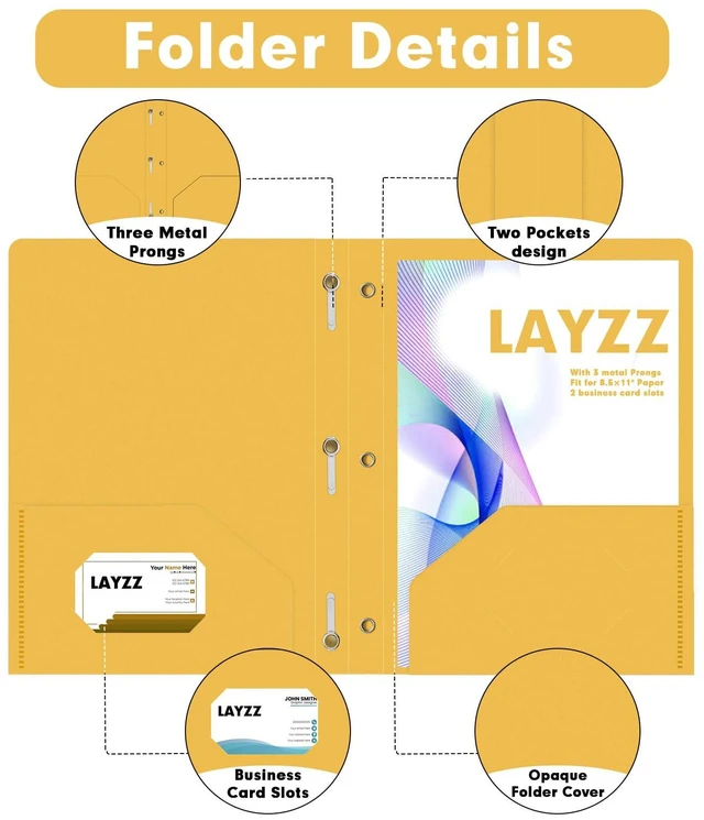 Alt view image 3 of 7 - 30 Pack Plastic 2 Pocket Folders with Prongs Letter Size Yellow Color Functional Folder Design With Metal Fastener Prongs, Keeps Documents Organized For School, Home And Workplace Filing
