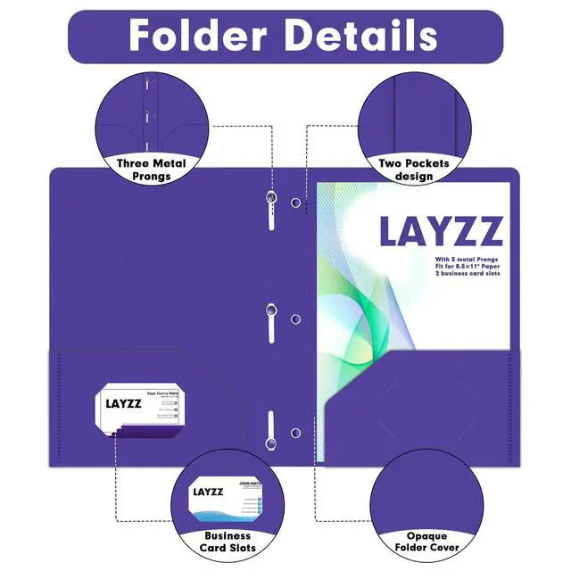 Alt view image 3 of 7 - 30 Pack Plastic 2 Pocket Folders with Prongs Letter Size Purple Functional Folder Design With Metal Fastener Prongs, Keeps Documents Organized For School, Home And Workplace Filing
