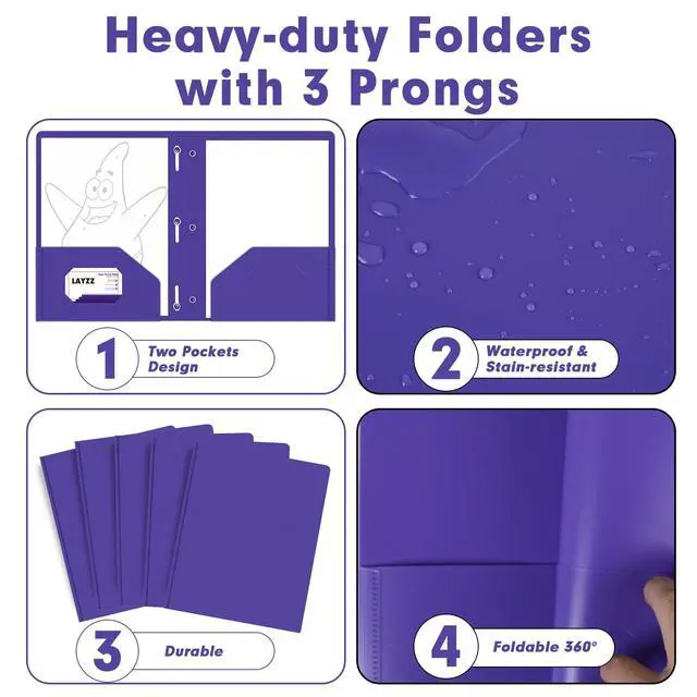 Alt view image 5 of 7 - 30 Pack Plastic 2 Pocket Folders with Prongs Letter Size Purple Functional Folder Design With Metal Fastener Prongs, Keeps Documents Organized For School, Home And Workplace Filing