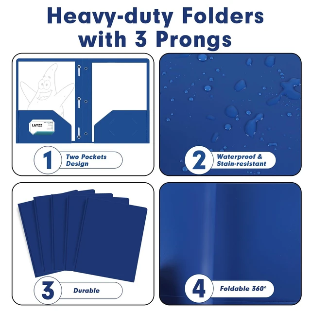 Alt view image 5 of 7 - 30 Pack Plastic 2 Pocket Folders with Prongs, Letter Size Blue Folder Functional Folder Design With Metal Fastener Prongs, Keeps Documents Organized For School, Home And Workplace Filing