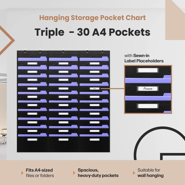 Alt view image 2 of 6 - Heavy Duty Storage Pocket Chart for Classroom, 30 Pocket Storage Organizer with 5 Over-Door Hangers, Hanging Wall Organizer for File Folders, School Mailbox, Home Office Papers - Black