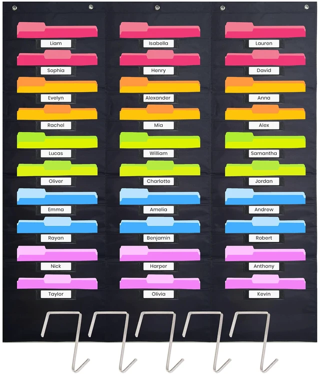 Main image of Heavy Duty Storage Pocket Chart for Classroom, 30 Pocket Storage Organizer with 5 Over-Door Hangers, Hanging Wall Organizer for File Folders, School Mailbox, Home Office Papers - Black