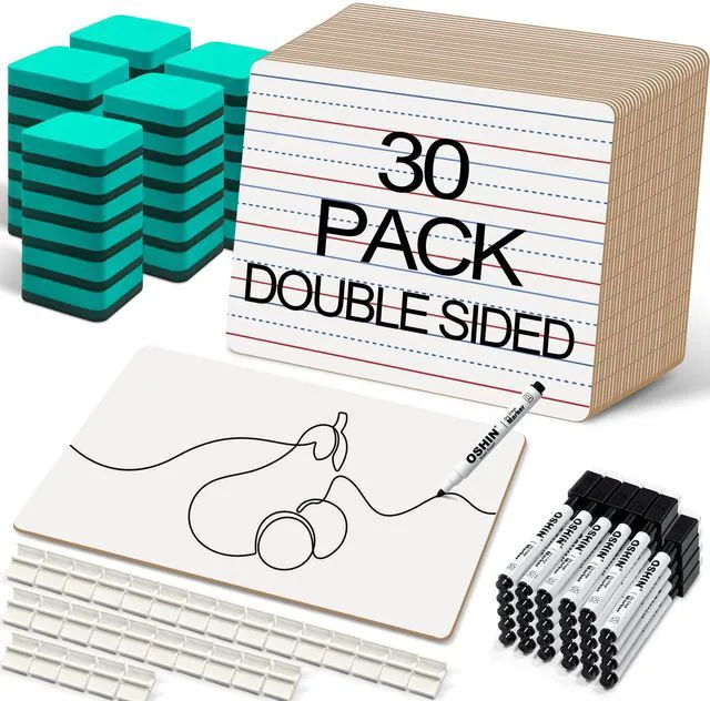 Main image of 30 Pack Small White Boards, 9"x12" Double Sided Personal Dry Erase Boards Portable Handheld Whiteboards with Lines for Kids, Students, Teacher School, Include 30 Markers, 30 Erasers