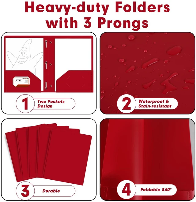 Alt view image 5 of 7 - 30 Pack Plastic 2 Pocket Folders with Prongs, Letter Size Red Folder Functional Folder Design With Metal Fastener Prongs, Keeps Documents Organized For School, Home And Workplace Filing