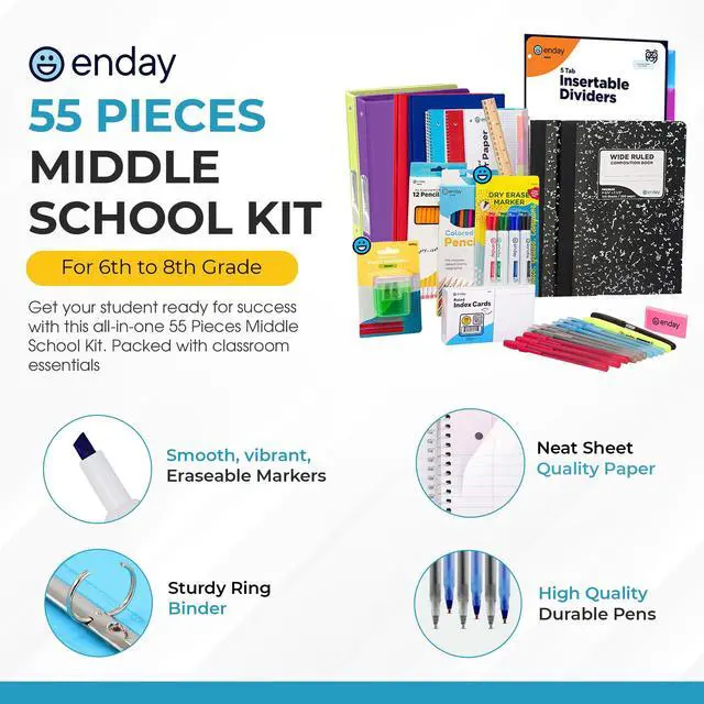 Alt view image 3 of 7 - Middle School Supplies Kit - 6th, 7th, and 8th Grade Back to School Supplies - 55 Piece, Premium Quality Kids School Supplies for Girls & Boys, Grades 6-8 Middle School Supplies for Kids