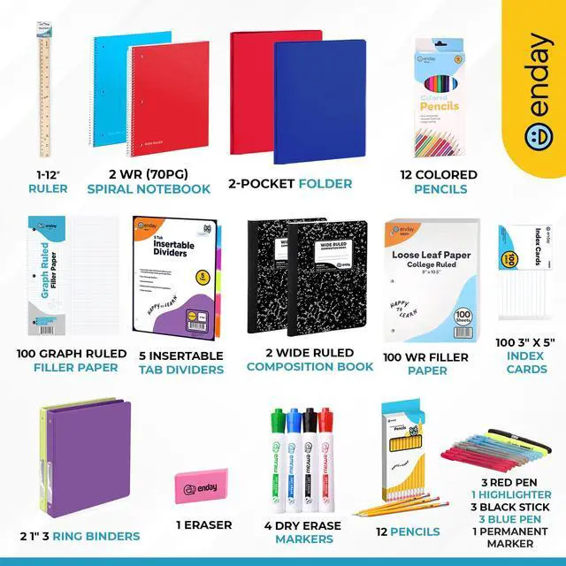 Alt view image 2 of 7 - Middle School Supplies Kit - 6th, 7th, and 8th Grade Back to School Supplies - 55 Piece, Premium Quality Kids School Supplies for Girls & Boys, Grades 6-8 Middle School Supplies for Kids
