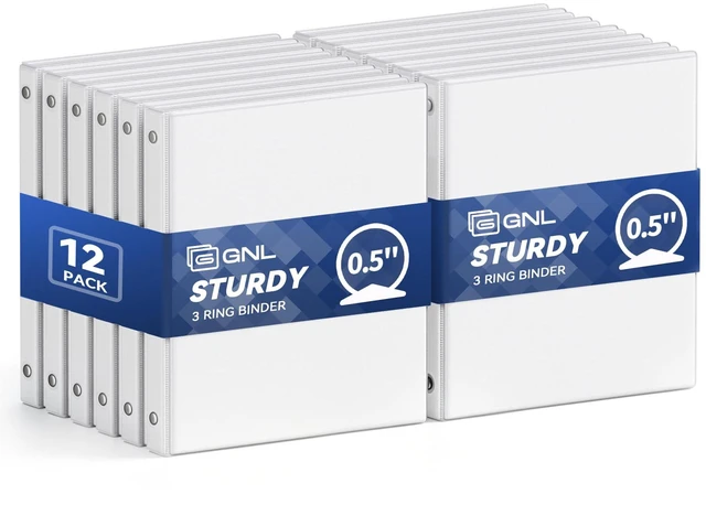 Main image of 1/2 Inch Binders 3 Ring Economy 12 Packs White, Half Three Ring (Fits 100 Sheets of 8.5x11 Paper) Clear View PVC-Free & Non-Stick for School or Office Supplies