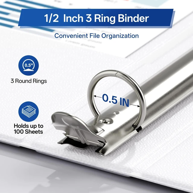 Alt view image 3 of 7 - 1/2 Inch Binders 3 Ring Economy 12 Packs White, Half Three Ring (Fits 100 Sheets of 8.5x11 Paper) Clear View PVC-Free & Non-Stick for School or Office Supplies