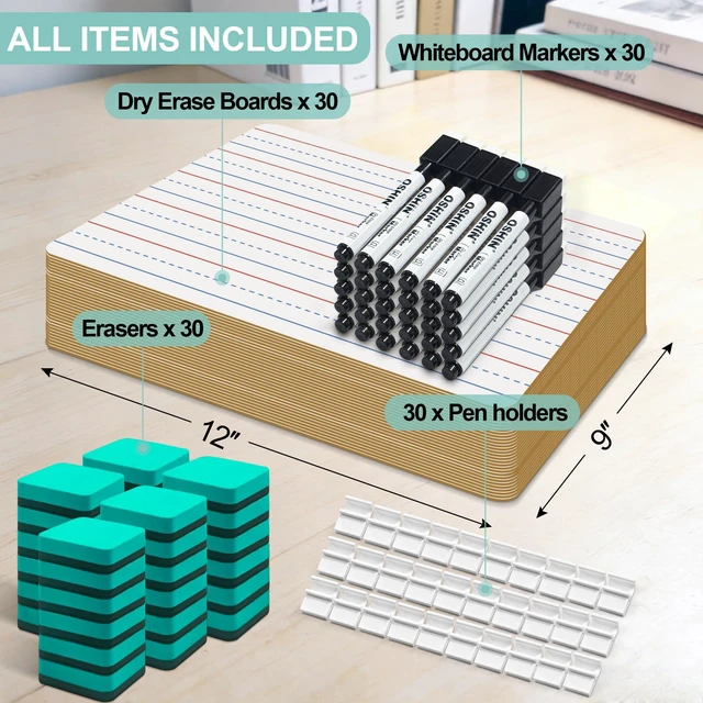 Alt view image 4 of 7 - 30 Pack Small White Boards, 9"x12" Double Sided Personal Dry Erase Boards Portable Handheld Whiteboards with Lines for Kids, Students, Teacher School, Include 30 Markers, 30 Erasers