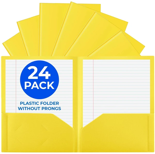 Main image of 24 Pack Yellow Plastic Folders with Pockets Heavy Duty. 2 Pocket Folder no Prongs Bulk. Tear-Resistant Letter Size 8.5x11. Presentation Ready School and Office Supplies