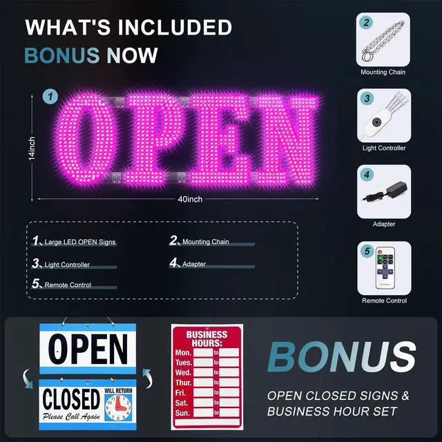 Alt view image 5 of 7 - 40'' × 14'' Large LED Open Signs for buiness with Remote, 14 Scene Modes Unique Design Light Up Sign for Window Store Retail Restaurant Pink