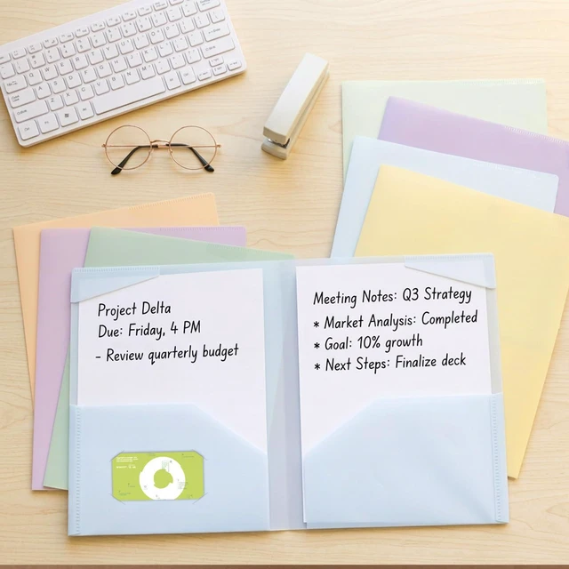 Alt view image 2 of 7 - 24pcs Plastic Folders with Pockets, Heavy Duty Pocket Folders, 2 Pocket File Folders with 2 Business Card Holder, 8 Colors, Letter Size, A4 Size, for Office School Filing Supplies