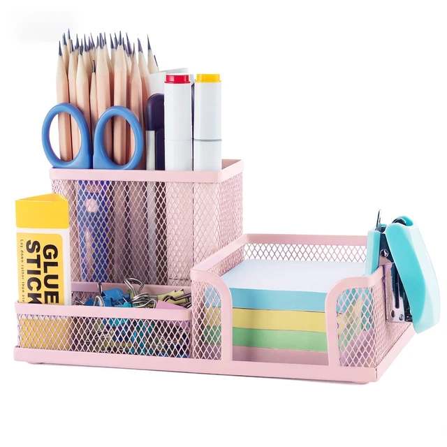 Main image of Mesh Pen Holder Desk Organizers Pencil Holder for Desk Pink, 3 Compartments Metal Office Supply Organizer with Sticky Notes Holder for Home Office