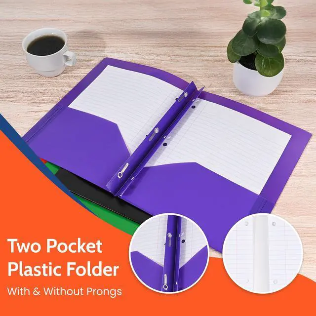 Alt view image 7 of 7 - 24 Pack Blue Plastic Folders with Pockets Heavy Duty. 2 Pocket Folder with Prongs Bulk. Tear-Resistant Letter Size 8.5x11. Presentation Ready School and Office Supplies