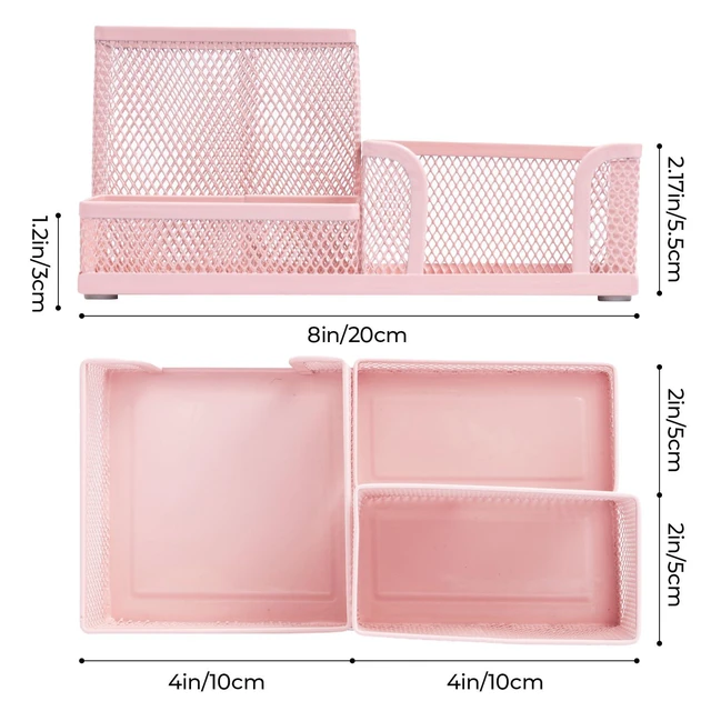 Alt view image 2 of 7 - Mesh Pen Holder Desk Organizers Pencil Holder for Desk Pink, 3 Compartments Metal Office Supply Organizer with Sticky Notes Holder for Home Office