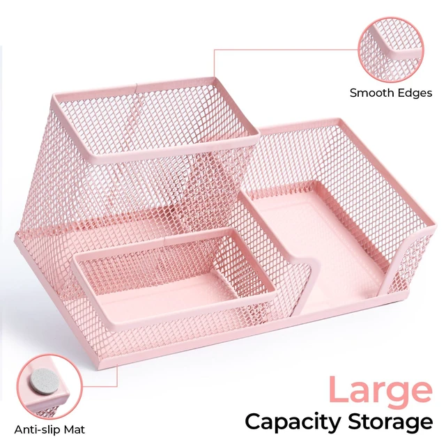 Alt view image 3 of 7 - Mesh Pen Holder Desk Organizers Pencil Holder for Desk Pink, 3 Compartments Metal Office Supply Organizer with Sticky Notes Holder for Home Office