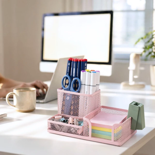 Alt view image 4 of 7 - Mesh Pen Holder Desk Organizers Pencil Holder for Desk Pink, 3 Compartments Metal Office Supply Organizer with Sticky Notes Holder for Home Office