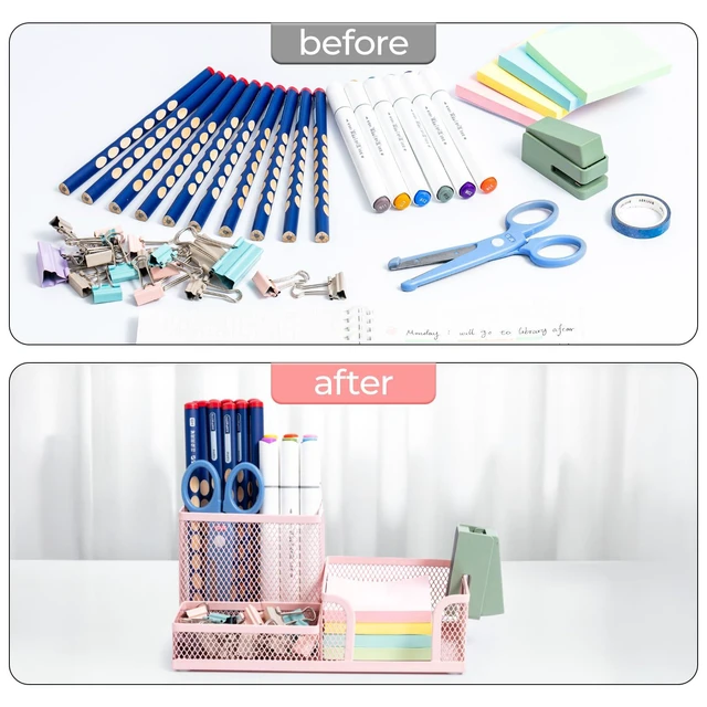 Alt view image 5 of 7 - Mesh Pen Holder Desk Organizers Pencil Holder for Desk Pink, 3 Compartments Metal Office Supply Organizer with Sticky Notes Holder for Home Office