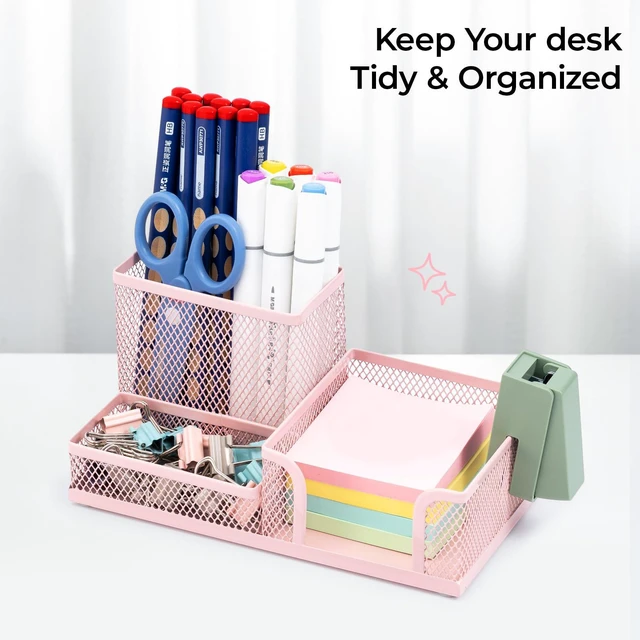 Alt view image 7 of 7 - Mesh Pen Holder Desk Organizers Pencil Holder for Desk Pink, 3 Compartments Metal Office Supply Organizer with Sticky Notes Holder for Home Office