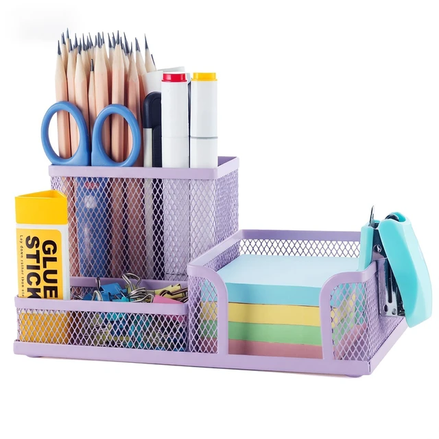 Main image of Mesh Pen Holder Desk Organizers Pencil Holder for Desk Purple, 3 Compartments Metal Office Supply Organizer with Sticky Notes Holder for Home Office