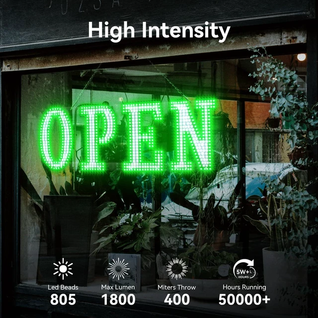 Alt view image 3 of 7 - Open Sign for Business 40" x 14", Bright LED Open Sign with Remote Control, 14 Flashing Modes, Adjustable Brightness & Speed, for Large Storefront Window or Glass Door (Green and White)