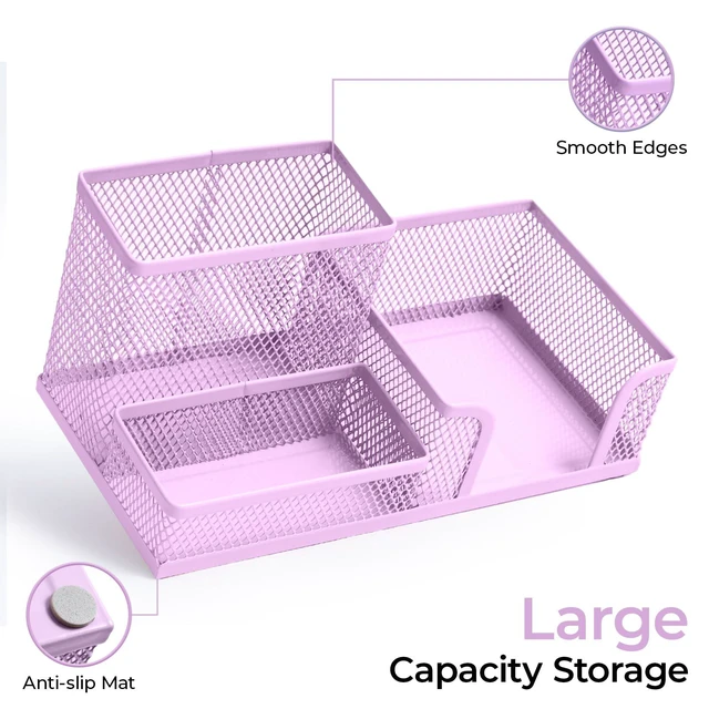 Alt view image 3 of 7 - Mesh Pen Holder Desk Organizers Pencil Holder for Desk Purple, 3 Compartments Metal Office Supply Organizer with Sticky Notes Holder for Home Office
