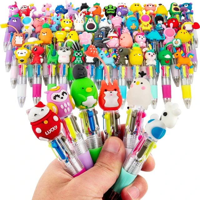 Main image of 60-Pack Mini 4-in-1 Multicolor Ballpoint Pens for Kids, Bulk Party Favors Classroom prizes, return gifts, goodie bag stuffers, cute cartoon toppers, black blue red green ink, school supplies, novelty