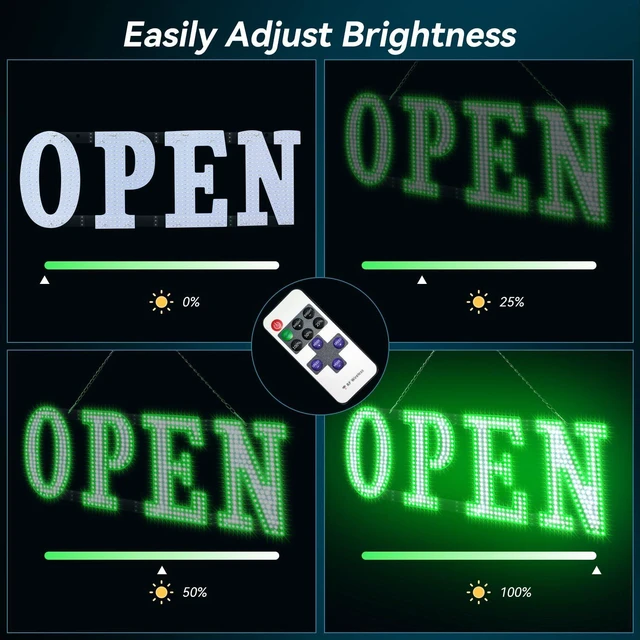 Alt view image 4 of 7 - Open Sign for Business 40" x 14", Bright LED Open Sign with Remote Control, 14 Flashing Modes, Adjustable Brightness & Speed, for Large Storefront Window or Glass Door (Green and White)