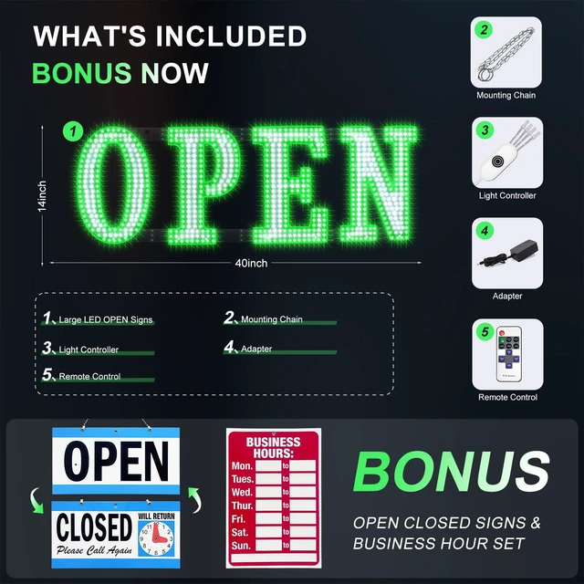 Alt view image 5 of 7 - Open Sign for Business 40" x 14", Bright LED Open Sign with Remote Control, 14 Flashing Modes, Adjustable Brightness & Speed, for Large Storefront Window or Glass Door (Green and White)