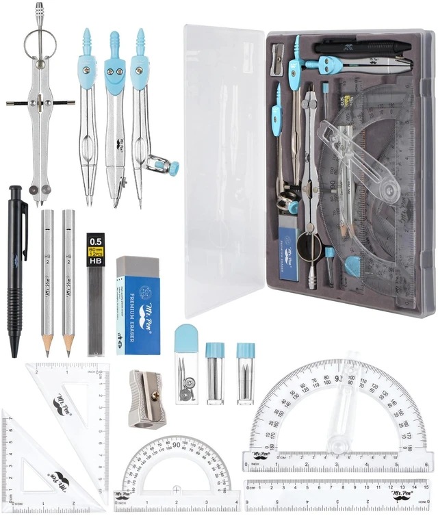 Main image of Geometry Set, 15 pcs, Light Blue, 6 Inch Swing Arm Protractor Divider, Set Squares, Ruler, Compasses and Protractor