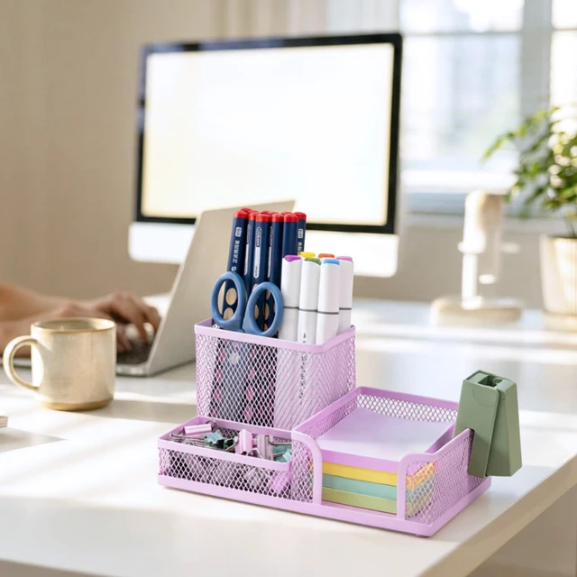 Alt view image 4 of 7 - Mesh Pen Holder Desk Organizers Pencil Holder for Desk Purple, 3 Compartments Metal Office Supply Organizer with Sticky Notes Holder for Home Office
