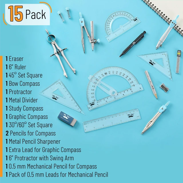 Alt view image 2 of 7 - Geometry Set, 15 pcs, Light Blue, 6 Inch Swing Arm Protractor Divider, Set Squares, Ruler, Compasses and Protractor
