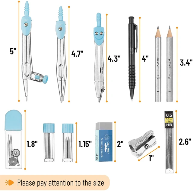 Alt view image 3 of 7 - Geometry Set, 15 pcs, Light Blue, 6 Inch Swing Arm Protractor Divider, Set Squares, Ruler, Compasses and Protractor