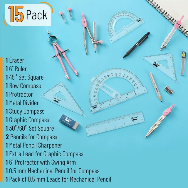 Alt view image 2 of 7 - Geometry Set, 15 pcs, Pink, 6 Inch Swing Arm Protractor, Divider Set Squares, Ruler, Compasses and Protractor