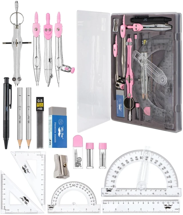 Main image of Geometry Set, 15 pcs, Pink, 6 Inch Swing Arm Protractor, Divider Set Squares, Ruler, Compasses and Protractor
