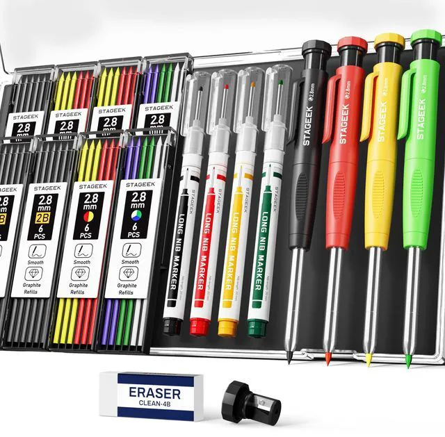 Main image of 4PCS Mechanical Carpenter Pencil Set, Deep Hole, Woodworking 52 Refills, 4PCS Long Nib Marker Pens, Built-in Sharpener, Storage Case for Architect Heavy Duty Construction Marking