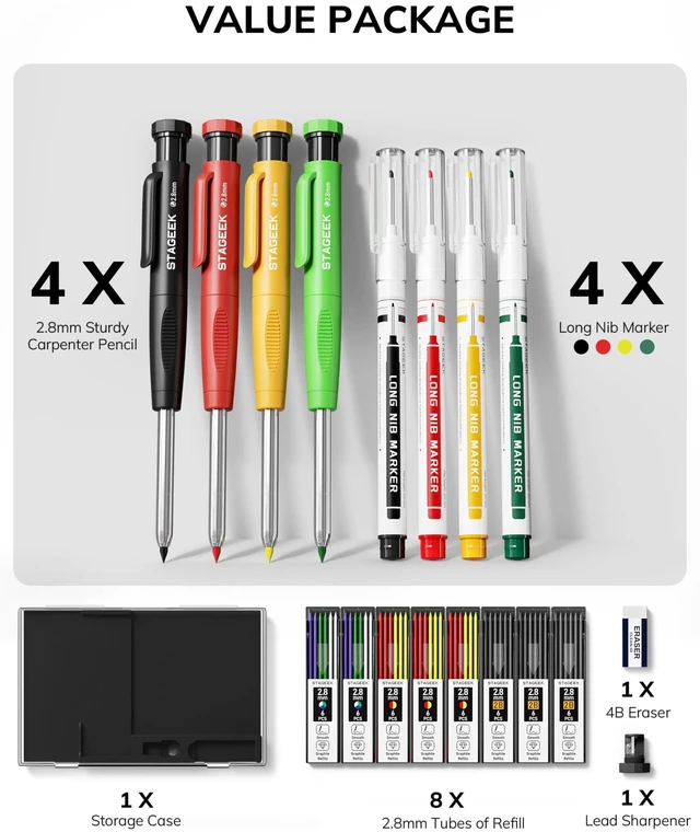 Alt view image 6 of 7 - 4PCS Mechanical Carpenter Pencil Set, Deep Hole, Woodworking 52 Refills, 4PCS Long Nib Marker Pens, Built-in Sharpener, Storage Case for Architect Heavy Duty Construction Marking