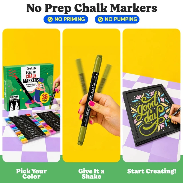 Alt view image 3 of 7 - 36 Dual Tip Liquid Chalk Markers for Blackboard Chalkboard Windows 36 Colors, Dot + Brush Tip - Washable, Non Toxic, No Pumping, No Prep - Erasable Liquid Chalk Pens for Non Porous Surfaces