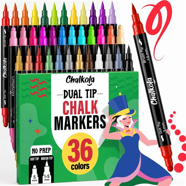 Main image of 36 Dual Tip Liquid Chalk Markers for Blackboard Chalkboard Windows 36 Colors, Dot + Brush Tip - Washable, Non Toxic, No Pumping, No Prep - Erasable Liquid Chalk Pens for Non Porous Surfaces