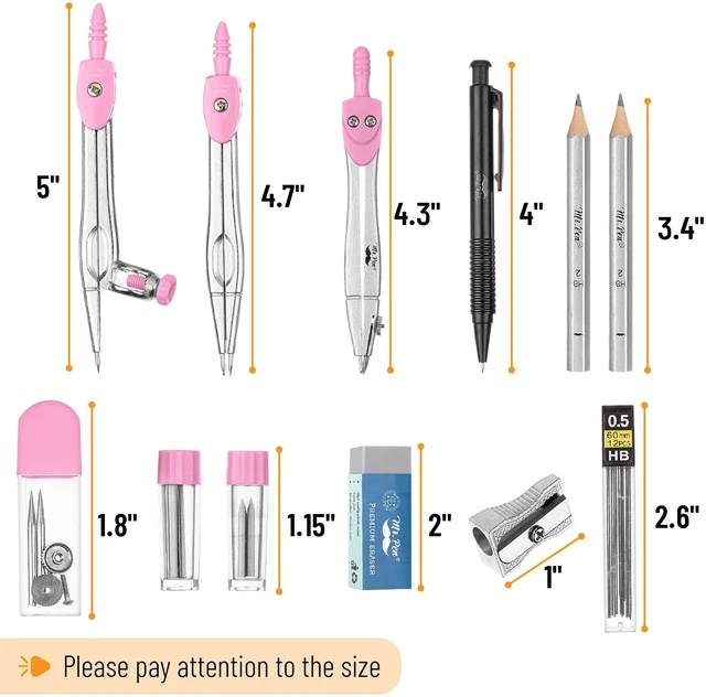 Alt view image 3 of 7 - Geometry Set, 15 pcs, Pink, 6 Inch Swing Arm Protractor, Divider Set Squares, Ruler, Compasses and Protractor