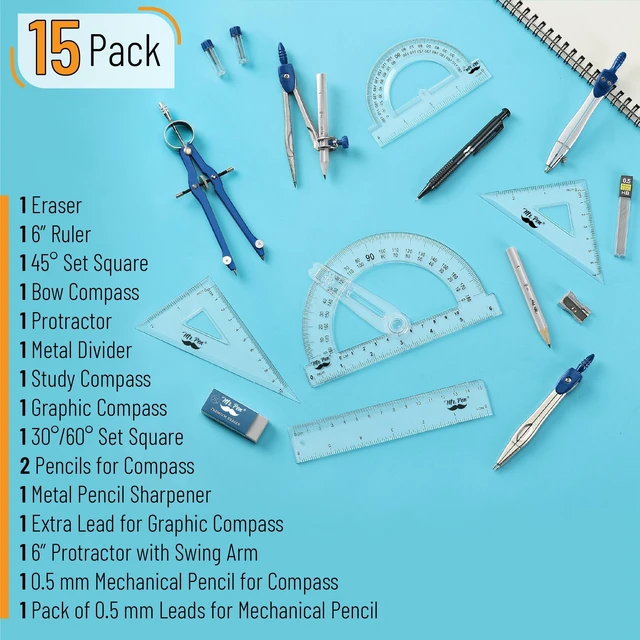 Alt view image 2 of 7 - Geometry Set, 15 pcs, Navy Blue, 6 Inch Swing Arm Protractor Divider, Set Squares, Ruler, Compasses and Protractor